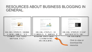 RESOURCES ABOUT BUSINESS BLOGGING IN
GENERAL.
Blog Post: The
Benefits of
Blogging
Blog Post: How
Long Will It
Take to See
Results?
Blog Post: 8
Things I Wish I
Knew Before I
Started
Blogging Click to view or
download the
resource.
 