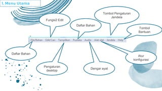 Tombol
Bantuan
Tombol Pengaturan
Jendela
Dengar ayat
Atur
konfigurasi
Daftar Bahan
Daftar Bahan
Pengaturan
desktop
Fungsi2 Edit
1. Menu Utama
 