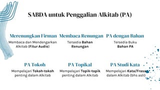Merenungkan Firman
Membaca dan Mendengarkan
Alkitab (Fitur Audio)
SABDA untuk Penggalian Alkitab (PA)
Membaca Renungan
Tersedia Bahan
Renungan
PA Tokoh
Mempelajari Tokoh-tokoh
penting dalam Alkitab
PA Topikal
Mempelajari Topik-topik
penting dalam Alkitab
PA dengan Bahan
Tersedia Buku
Bahan PA
PA Studi Kata
Mempelajari Kata/Frasa
dalam Alkitab (bhs asli)
 