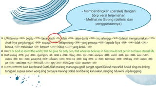 - Membandingkan (paralel) dengan
bbrp versi terjemahan
- Melihat no Strong (definisi dan
penggunaannya)
 