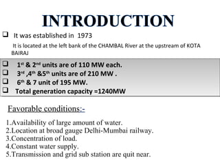  It was established in 1973
It is located at the left bank of the CHAMBAL River at the upstream of KOTA
BAIRAJ
 1st
& 2nd
units are of 110 MW each.
 3rd
,4th
&5th
units are of 210 MW .
 6th
& 7 unit of 195 MW.
 Total generation capacity =1240MW
 1st
& 2nd
units are of 110 MW each.
 3rd
,4th
&5th
units are of 210 MW .
 6th
& 7 unit of 195 MW.
 Total generation capacity =1240MW
1.Availability of large amount of water.
2.Location at broad gauge Delhi-Mumbai railway.
3.Concentration of load.
4.Constant water supply.
5.Transmission and grid sub station are quit near.
Favorable conditions:-
 