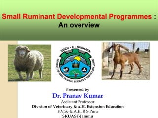 Presented by
Dr. Pranav Kumar
Assistant Professor
Division of Veterinary & A.H. Extension Education
F.V.Sc & A.H, R S Pura
SKUAST-Jammu
Small Ruminant Developmental Programmes :
An overview
 