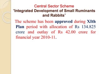 Central Sector Scheme
“Integrated Development of Small Ruminants
and Rabbits”
The scheme has been approved during XIth
Plan period with allocation of Rs 134.825
crore and outlay of Rs 42.00 crore for
financial year 2010-11.
 
