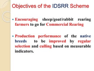 Objectives of the IDSRR Scheme
 Encouraging sheep/goat/rabbit rearing
farmers to go for Commercial Rearing
 Production performance of the native
breeds to be improved by regular
selection and culling based on measurable
indicators.
 
