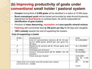 (b) Improving productivity of goats under
conventional small holder / pastoral system
 Clusters having flock of 2,000 goats will be identified in a radius of 10 KM areas.
 Rural unemployed youth will be trained and enrolled by state Animal Husbandry
Department as Goat Scouts on contract basis. He will be responsible for
identification of goat clusters
 Provision of mass deworming, vaccination and area specific mineral mixture.
 Fattening with concentrate feed @ 250 gram par day for 60 days pre/ slaughter.
 100% subsidy towards the cost of supporting the clusters
Cost of supporting a cluster
 