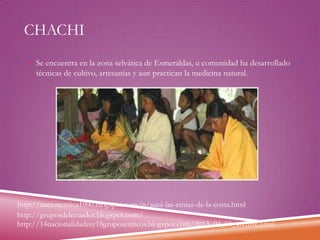 CHACHI
 Se encuentra en la zona selvática de Esmeraldas, u comunidad ha desarrollado

técnicas de cultivo, artesanías y aun practican la medicina natural.

http://nacionetnica1990.blogspot.com/p/aqui-las-etnias-de-la-costa.html
http://gruposdelecuador.blogspot.com/
http://14nacionalidadesy18gruposetnicos.blogspot.com/2013_04_01_archive.html

 