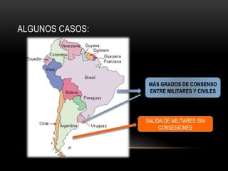 ALGUNOS CASOS:
MÁS GRADOS DE CONSENSO
ENTRE MILITARES Y CIVILES
SALIDA DE MILITARES SIN
CONSESIONES
 