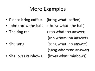 More Examples
• Please bring coffee. (bring what: coffee)
• John threw the ball. (threw what: the ball)
• The dog ran. ( ran what: no answer)
(ran whom: no answer)
• She sang. (sang what: no answer)
(sang whom:no answer)
• She loves rainbows. (loves what: rainbows)
 