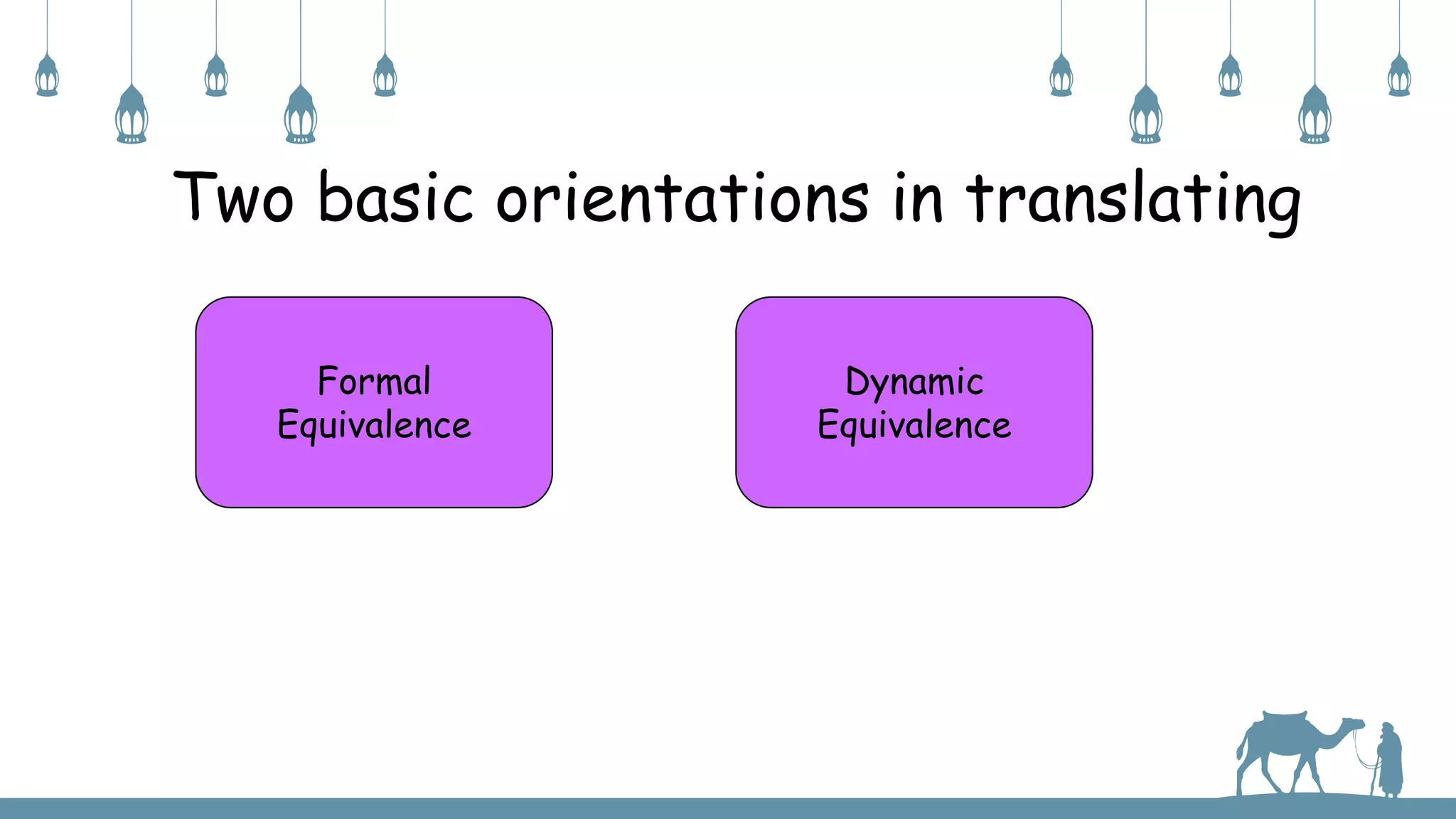 Two basic orientations in translating
Formal
Equivalence
Dynamic
Equivalence
 