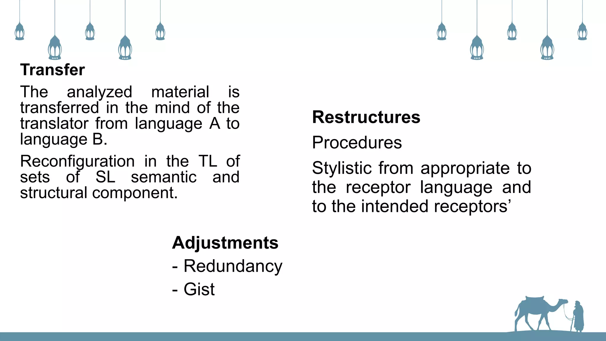Transfer
The analyzed material is
transferred in the mind of the
translator from language A to
language B.
Reconfiguration in the TL of
sets of SL semantic and
structural component.
Restructures
Procedures
Stylistic from appropriate to
the receptor language and
to the intended receptors’
Adjustments
- Redundancy
- Gist
 