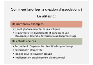 Comment favoriser la création d’associations ?
En utilisant :
De nombreux exemples
• Il sont généralement faciles à expliquer
• Ils peuvent être divertissants et donc créer une
atmosphère détendue favorisant ainsi l’apprentissage
Des études de cas
• Permettent d’explorer les objectifs d’apprentissage
• Favorisent l’interactivité
• Idéales pour le travail en groupe
• Impliquent un enseignement bidirectionnel
 