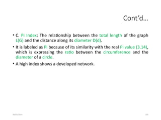 09/01/2024 105
Cont’d…
• C. Pi Index: The relationship between the total length of the graph
L(G) and the distance along its diameter D(d).
• It is labeled as Pi because of its similarity with the real Pi value (3.14),
which is expressing the ratio between the circumference and the
diameter of a circle.
• A high index shows a developed network.
 