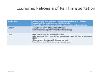 09/01/2024 129
Economic Rationale of Rail Transportation
Market Area Longest service area for inland transport (average length of 1,300 km).
Service both the passengers and freight markets.
Intermodal integration favored market segmentation and specialization
Capacity A wagon can carry 50 to 100 tons of freight.
Economies of scale (unit trains and double stacking).
Costs High construction and maintenance costs.
High operating costs: labor (60%), locomotives (16%) and fuel & equipment
(24%).
Shipping costs decrease with distance and load.
Transshipments and train assembly increase costs.
 