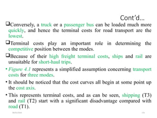 09/01/2024 176
Cont’d…
Conversely, a truck or a passenger bus can be loaded much more
quickly, and hence the terminal costs for road transport are the
lowest.
Terminal costs play an important role in determining the
competitive position between the modes.
Because of their high freight terminal costs, ships and rail are
unsuitable for short-haul trips.
• Figure 4.1 represents a simplified assumption concerning transport
costs for three modes.
• It should be noticed that the cost curves all begin at some point up
the cost axis.
• This represents terminal costs, and as can be seen, shipping (T3)
and rail (T2) start with a significant disadvantage compared with
road (T1).
 