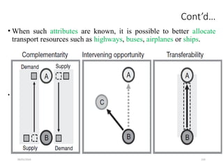 09/01/2024 210
Cont’d…
• When such attributes are known, it is possible to better allocate
transport resources such as highways, buses, airplanes or ships.
• Figure 5.2 Conditions for the realization of a spatial interaction
 