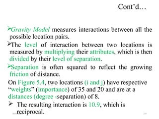 09/01/2024 219
Cont’d…

Gravity Model measures interactions between all the
possible location pairs.

The level of interaction between two locations is
measured by multiplying their attributes, which is then
divided by their level of separation.

Separation is often squared to reflect the growing
friction of distance.
On Figure 5.4, two locations (i and j) have respective
“weights” (importance) of 35 and 20 and are at a
distances (degree -separation) of 8.
 The resulting interaction is 10.9, which is
reciprocal.
 