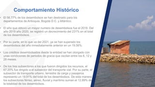 Comportamiento Histórico
• El 56.77% de los desembolsos se han destinado para los
departamentos de Antioquia, Bogotá D.C. y Atlántico.
• El año que obtuvo un mayor numero de desembolsos fue el 2018. Del
año 2019 año 2020, se registró un decrecimiento del 231% en el total
de los desembolsos.
• Por su parte, en lo que va del 2021, ya se han superado los
desembolsos del año inmediatamente anterior en un 19.56%.
• Los créditos desembolsados desde la entidad se han otorgado con
unas condiciones de periodos de gracia que oscilan entre los 6, 12 y
28 meses.
• De los tres subsectores a los que fueron dirigidos los recursos, el
67.20% fue dirigido a el subsector del transporte vial. Por su parte, el
subsector de transporte urbano, terrestre de carga y pasajeros
represento un 19.91% del total de los desembolsos. De esta manera
los subsectores férreo, aéreo, fluvial y marítimo suman el 12.89% de
la totalidad de los desembolsos.
 