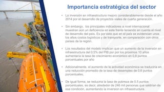 Importancia estratégica del sector
• La inversión en infraestructura mejoro considerablemente desde el año
2014 por el desarrollo de proyectos viales de cuarta generación.
• Sin embargo, los principales indicadores a nivel internacional
muestran aún un deficiencia en este frente teniendo en cuenta el nivel
de desarrollo del país. Es por esto que en el país se evidencian unos
los altos costos logísticos y de transporte, en comparación con otros
países de la región.
• Los resultados del modelo implican que un aumento de la inversión en
infraestructura del 0,5% del PIB por por los proximos 10 años
aumentaría la tasa de crecimiento económico en 0,8 puntos
porcentuales por año
• Adicionalmente, el aumento de la actividad económica se traduciría en
una reducción promedio de la tasa de desempleo de 0,6 puntos
porcentuales,
• De igual forma, se reduciria la tasa de pobreza de 0,5 puntos
porcentuales, es decir, alrededor de 246 mil personas que saldrían de
esa condición, aumentando la inversion en infraestructura.
 