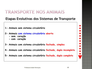 Etapas Evolutivas dos Sistemas de Transporte
49
1- Animais sem sistema circulatório
2- Animais com sistema circulatório aberto
- sem coração
- com coração
3- Animais com sistema circulatório fechado, simples
4- Animais com sistema circulatório fechado, duplo incompleto
5- Animais com sistema circulatório fechado, duplo completo
Professora Isabel Henriques
 