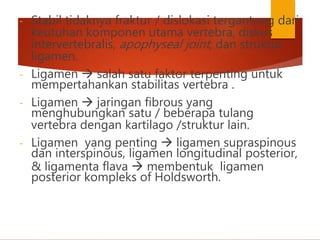 - Stabil tidaknya fraktur / dislokasi tergantung dari
keutuhan komponen utama vertebra, diskus
intervertebralis, apophyseal joint, dan struktur
ligamen.
- Ligamen  salah satu faktor terpenting untuk
mempertahankan stabilitas vertebra .
- Ligamen  jaringan fibrous yang
menghubungkan satu / beberapa tulang
vertebra dengan kartilago /struktur lain.
- Ligamen yang penting  ligamen supraspinous
dan interspinous, ligamen longitudinal posterior,
& ligamenta flava  membentuk ligamen
posterior kompleks of Holdsworth.
 