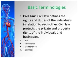 Basic Terminologies
• Civil Law: Civil law defines the
rights and duties of the individuals
in relation to each other. Civil law
protects the private and property
rights of the individuals and
businesses.
I. Tort
• Intentional
• Unintentional
II. Contract
 