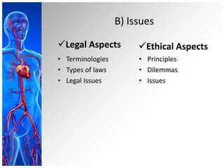 B) Issues
Legal Aspects
• Terminologies
• Types of laws
• Legal Issues
Ethical Aspects
• Principles
• Dilemmas
• Issues
 