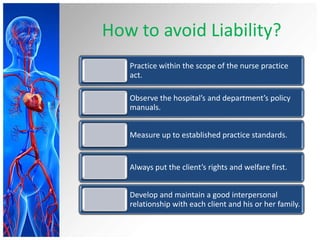 How to avoid Liability?
Practice within the scope of the nurse practice
act.
Observe the hospital’s and department’s policy
manuals.
Measure up to established practice standards.
Always put the client’s rights and welfare first.
Develop and maintain a good interpersonal
relationship with each client and his or her family.
 
