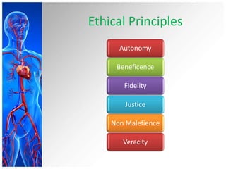Ethical Principles
Autonomy
Beneficence
Fidelity
Justice
Non Malefience
Veracity
 
