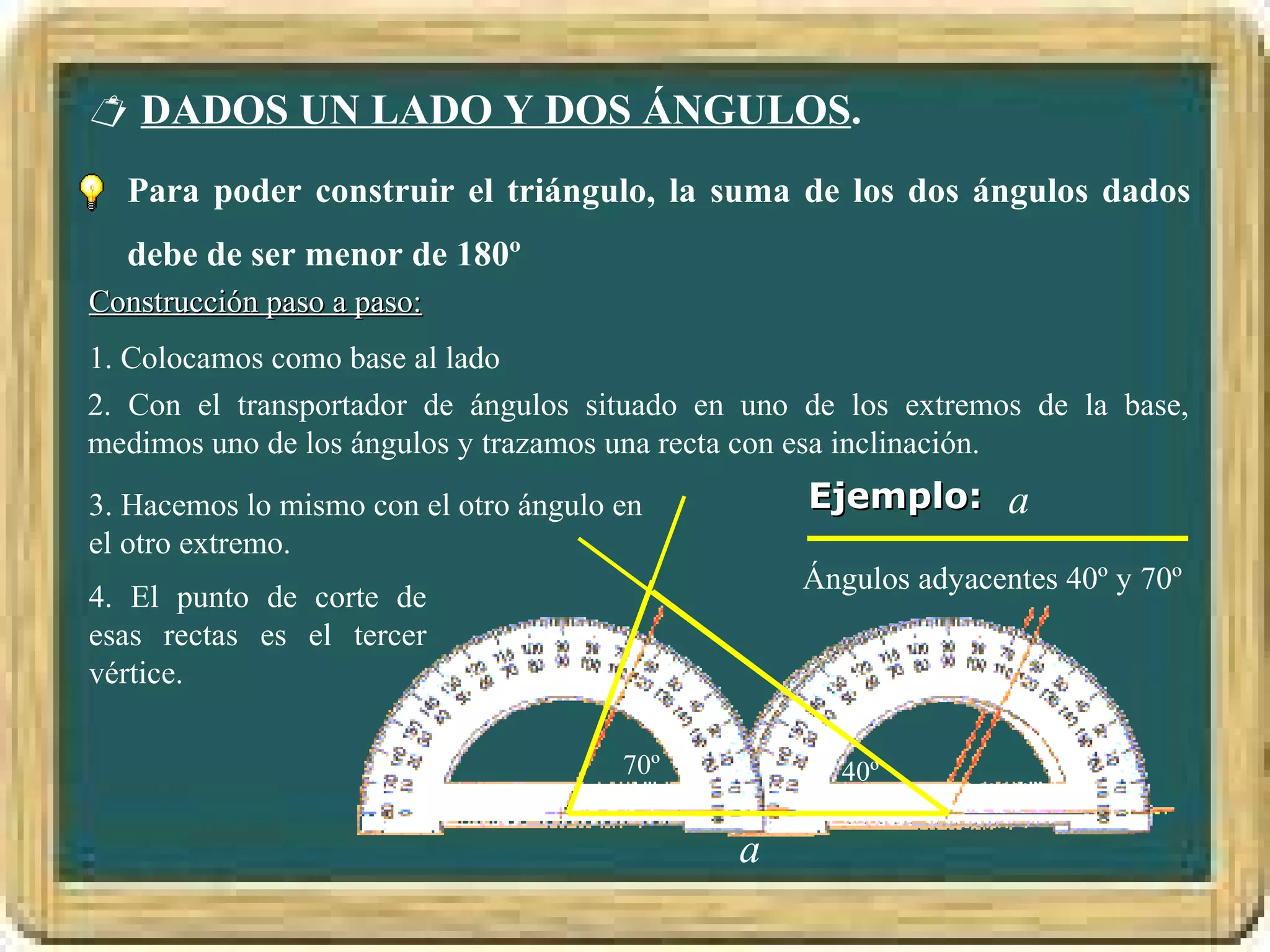  DADOS UN LADO Y DOS ÁNGULOS.
  Para poder construir el triángulo, la suma de los dos ángulos dados
  debe de ser menor de 180º
Construcción paso a paso:
1. Colocamos como base al lado
2. Con el transportador de ángulos situado en uno de los extremos de la base,
medimos uno de los ángulos y trazamos una recta con esa inclinación.
3. Hacemos lo mismo con el otro ángulo en         Ejemplo: a
el otro extremo.
                                                 Ángulos adyacentes 40º y 70º
4. El punto de corte de
esas rectas es el tercer
vértice.

                                       70º          40º

                                             a
 