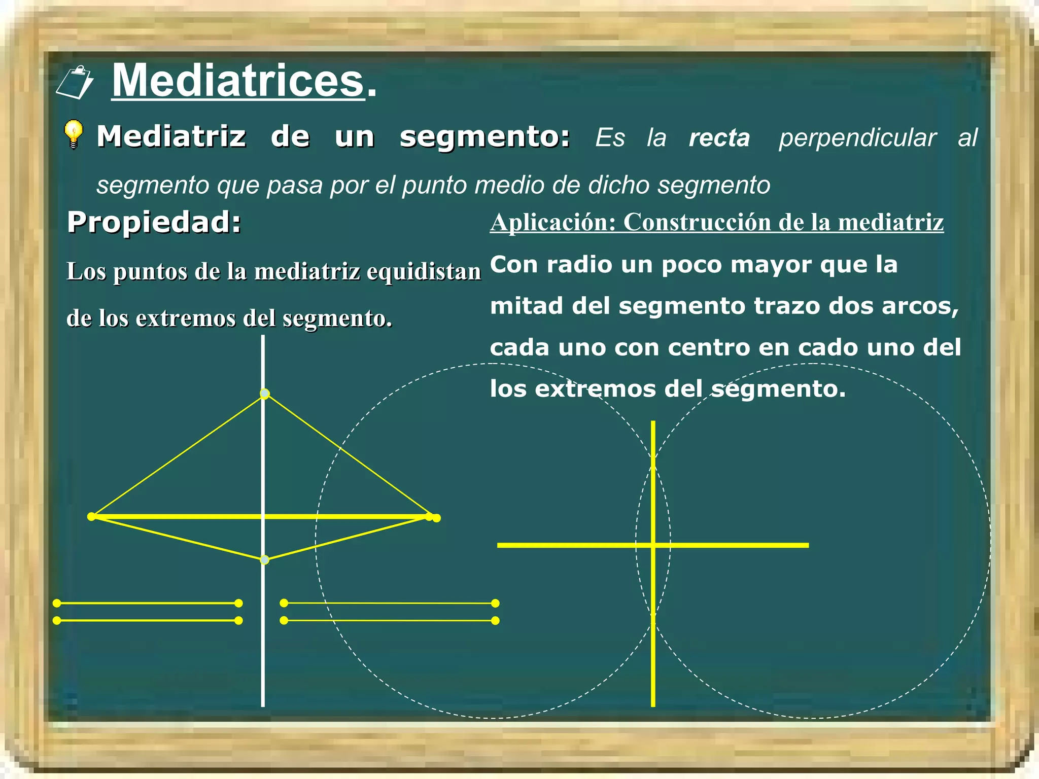  Mediatrices.
  Mediatriz de un segmento: Es la recta perpendicular al
  segmento que pasa por el punto medio de dicho segmento
Propiedad:                        Aplicación: Construcción de la mediatriz
Los puntos de la mediatriz equidistan Con radio un poco mayor que la
                                   mitad del segmento trazo dos arcos,
de los extremos del segmento.
                                   cada uno con centro en cado uno del
                                   los extremos del segmento.
 