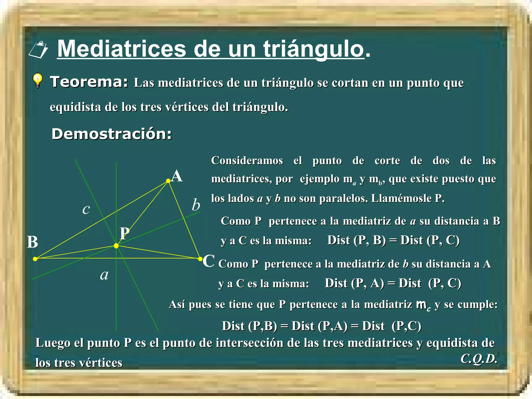  Mediatrices de un triángulo.
    Teorema: Las mediatrices de un triángulo se cortan en un punto que
    equidista de los tres vértices del triángulo.

    Demostración:
                                   Consideramos el punto de corte de dos de las
                          A        mediatrices, por ejemplo ma y mb, que existe puesto que
                                   los lados a y b no son paralelos. Llamémosle P.
          c                   b
                                    Como P pertenece a la mediatriz de a su distancia a B
B                 P                 y a C es la misma:    Dist (P, B) = Dist (P, C)
                                  C Como P   pertenece a la mediatriz de b su distancia a A
              a                     y a C es la misma:   Dist (P, A) = Dist (P, C)
                          Así pues se tiene que P pertenece a la mediatriz mc y se cumple:
                                 Dist (P,B) = Dist (P,A) = Dist (P,C)
Luego el punto P es el punto de intersección de las tres mediatrices y equidista de
los tres vértices                                                            C.Q.D.
 