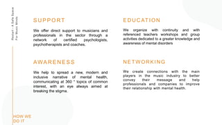 Restart
-
A
Safe
Space
For
Music
Minds
We create connections with the main
players in the music industry to better
convey their message and help
professionals and companies to improve
their relationship with mental health.
N E T W O R K I N G
We offer direct support to musicians and
professionals in the sector through a
network of certified psychologists,
psychotherapists and coaches.
S U P P O RT
We help to spread a new, modern and
inclusive narrative of mental health,
communicating at 360 ° topics of common
interest, with an eye always aimed at
breaking the stigma.
AWA R E N E S S
We organize with continuity and with
referenced teachers workshops and group
activities dedicated to a greater knowledge and
awareness of mental disorders
E D U C AT I O N
HOW WE
DO IT
 