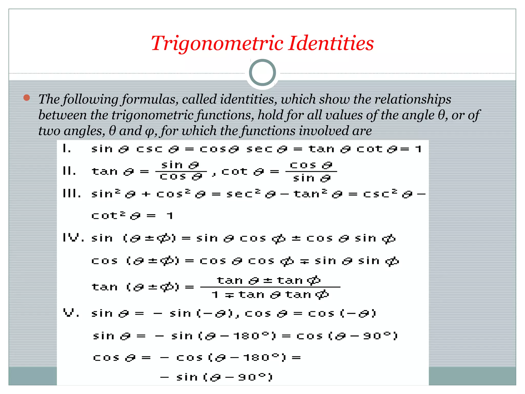 Trigonometric Identities
 The following formulas, called identities, which show the relationships
between the trigonometric functions, hold for all values of the angle θ, or of
two angles, θ and φ, for which the functions involved are
 