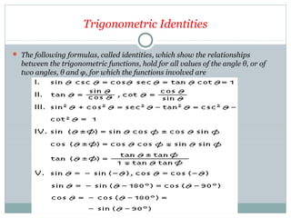 Trigonometric Identities
 The following formulas, called identities, which show the relationships
between the trigonometr...