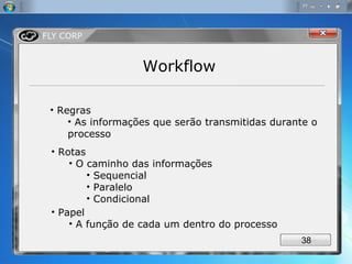 Workflow Regras As informações que serão transmitidas durante o processo Rotas O caminho das informações Sequencial Paralelo Condicional Papel  A função de cada um dentro do processo 