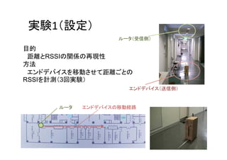 実験1（設定）
                    ルータ（受信側）

目的
 距離とRSSIの関係の再現性
方法
 エンドデバイスを移動させて距離ごとの
RSSIを計測（3回実験）
                      エンドデバイス（送信側）


      ルータ   エンドデバイスの移動経路
 