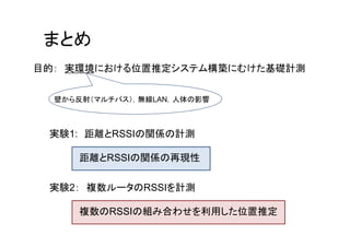 まとめ
目的： 実環境における位置推定システム構築にむけた基礎計測


  壁から反射（マルチパス），無線LAN，人体の影響



 実験1: 距離とRSSIの関係の計測

     距離とRSSIの関係の再現性

 実験2： 複数ルータのRSSIを計測

     複数のRSSIの組み合わせを利用した位置推定
 