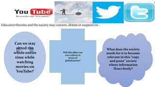 Educative theories and the society may concern, debate or suspects on :
Can we stay
sitted the
whole entire
time while
watching
movies on
YouTube?
Will this affect our
own culture in
terms of
globalization?
What does the society
needs for it to become
relevant in this “copy
and paste” society
where information
flows freely?
 