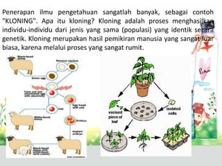 Penerapan ilmu pengetahuan sangatlah banyak, sebagai contoh
"KLONING". Apa itu kloning? Kloning adalah proses menghasilkan
individu-individu dari jenis yang sama (populasi) yang identik secara
genetik. Kloning merupakan hasil pemikiran manusia yang sangat luar
biasa, karena melalui proses yang sangat rumit.

 