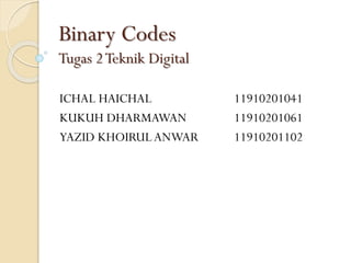 Binary Codes
Tugas 2Teknik Digital
ICHAL HAICHAL 11910201041
KUKUH DHARMAWAN 11910201061
YAZID KHOIRULANWAR 11910201102
 