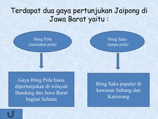 Terdapat dua gaya pertunjukan Jaipong di
Jawa Barat yaitu :
Ibing Pola
(memakai pola)
Ibing Saka
(tanpa pola)
Gaya Ibing Pola biasa
dipertunjukan di wilayah
Bandung dan Jawa Barat
bagian Selatan
Ibing Saka populer di
kawasan Subang dan
Karawang
 