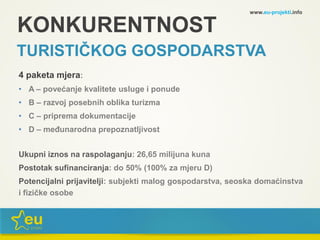 KONKURENTNOST
TURISTIČKOG GOSPODARSTVA
4 paketa mjera:
• A – povećanje kvalitete usluge i ponude
• B – razvoj posebnih oblika turizma
• C – priprema dokumentacije
• D – međunarodna prepoznatljivost
Ukupni iznos na raspolaganju: 26,65 milijuna kuna
Postotak sufinanciranja: do 50% (100% za mjeru D)
Potencijalni prijavitelji: subjekti malog gospodarstva, seoska domaćinstva
i fizičke osobe
www.eu-projekti.info
 