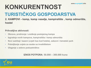 KONKURENTNOST
TURISTIČKOG GOSPODARSTVA
2. KAMPOVI - kamp, kamp naselje, kampiralište , kamp odmorište,
hostel
Prihvatljive aktivnosti:
• Obnova, proširenje i uređenje postojećeg kampa
• Izgradnja novih kampova, kampirališta i kamp odmorišta
• Novi sadržaji: bazeni (uvjeti kao kod hotela), zabavni i tematski park
• Poboljšanje uvjeta za osobe sa invaliditetom
• Ulaganje u zeleno poduzetništvo
IZNOS POTPORA: 50.000 – 300.000 kuna
www.eu-projekti.info
 