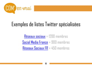 Exemples de listes Twitter spécialisées
Réseaux sociaux = 1200 membres
Social Media France = 900 membres
Réseaux Sociaux FR = 450 membres
10
 