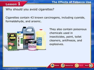 LessonLesson 11
Why should you avoid cigarettes?
Cigarettes contain 43 known carcinogens, including cyanide,
formaldehyde, and arsenic.
The Effects of Tobacco Use
They also contain poisonous
chemicals used in
insecticides, paint, toilet
cleaners, antifreeze, and
explosives.
 