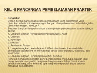 KEL. 6 RANCANGAN PEMBELAJARAN PRAKTEK
 Pengertian
Desain bermaknansebagai proses perencanaan yang sistematika yang
dilakukan sebelum tindakan pengembangan atau pelaksanaan sebuah kegiatan
(Smith dan Ragan, 1993, p. 4).
 Susunan Langkah-langkah standar dalam proses pembelajaran adalah sebagai
berikut
1. Langkah-langkah Pembelajaran Pendahuluan / Awal
a. Orientasi
b. Apersepsi
c. Motivasi
d. Pemberian Acuan
2. Langkah-langkah pembelajaran IntiPerincian tersebut termuat dalam
pembagian kegiatan inti ini menjadi tiga tahap yaitu ekplorasi, elaborasi, dan
konfirmasi.
3. Langkah-langkah Pembelajaran Akhir ( penutup )
Penutup merupakan kegiatan akhir pembelajaran. menutup pelajaran tidak
hanya sekadar mengakhiri pelajaran dengan salam, tetapi di sini adalah
penekanan/penguatan terhadap apa yang telah diperoleh siswa selama
mengikuti pembelajaran
 