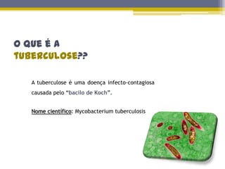 O que é a tuberculose??A tuberculose é uma doença infecto-contagiosa causada pelo “bacilo de Koch”. Nome científico: Mycobacteriumtuberculosis