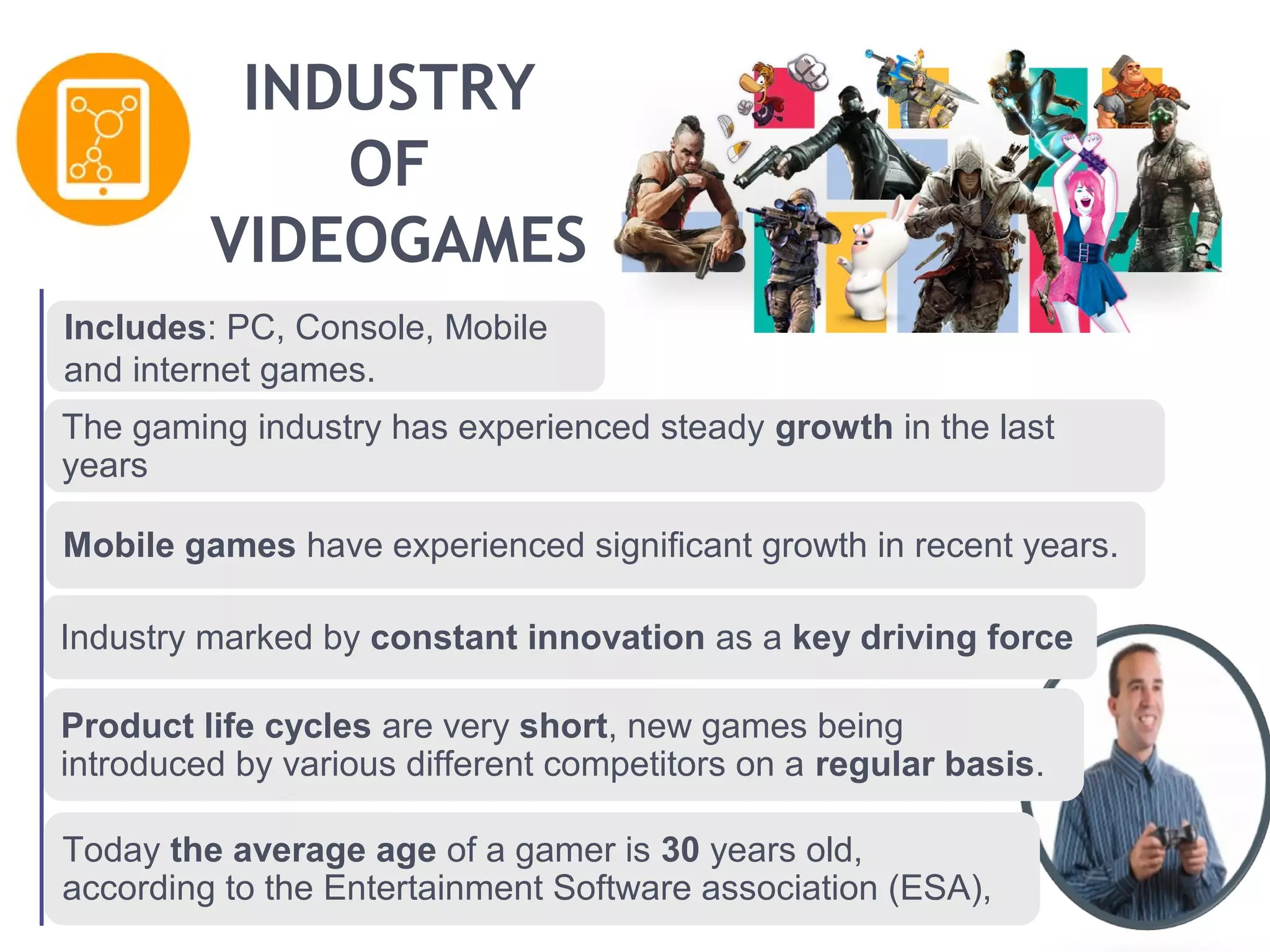 INDUSTRY 
OF 
VIDEOGAMES 
Includes: PC, Console, Mobile 
and internet games. 
The gaming industry has experienced steady growth in the last 
years 
Mobile games have experienced significant growth in recent years. 
Industry marked by constant innovation as a key driving force 
Product life cycles are very short, new games being 
introduced by various different competitors on a regular basis. 
Today the average age of a gamer is 30 years old, 
according to the Entertainment Software association (ESA), 
 