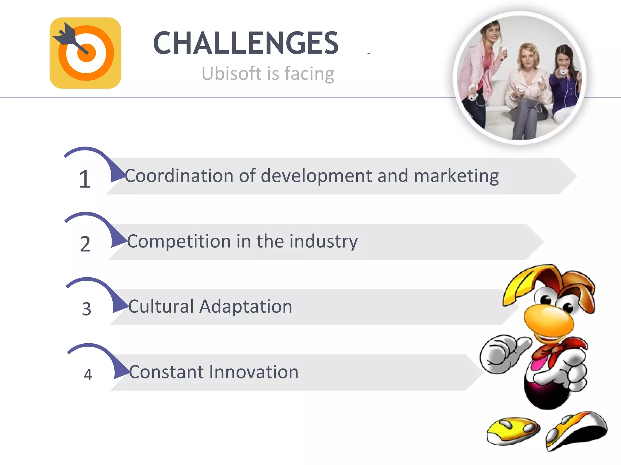 Click to edit Master title style 
CHALLENGES 
Ubisoft is facing 
Coordination of 1 development and marketing 
Competition in the industry 
Cultural Adaptation 
Constant Innovation 
2 
3 
4 
 