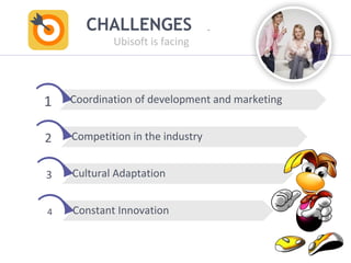 Click to edit Master title style 
CHALLENGES 
Ubisoft is facing 
Coordination of 1 development and marketing 
Competition in the industry 
Cultural Adaptation 
Constant Innovation 
2 
3 
4 
 